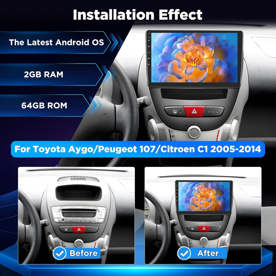 Autoradio Android pour Toyota Aygo/Peugeot 107 / Citroen C1 2005–2014, Écran Tactile 10 Pouces, CarPlay & Android Auto sans Fil, NaviGPS, WiFi, DSP, Compatible Caméra AHD/OBD/Dab