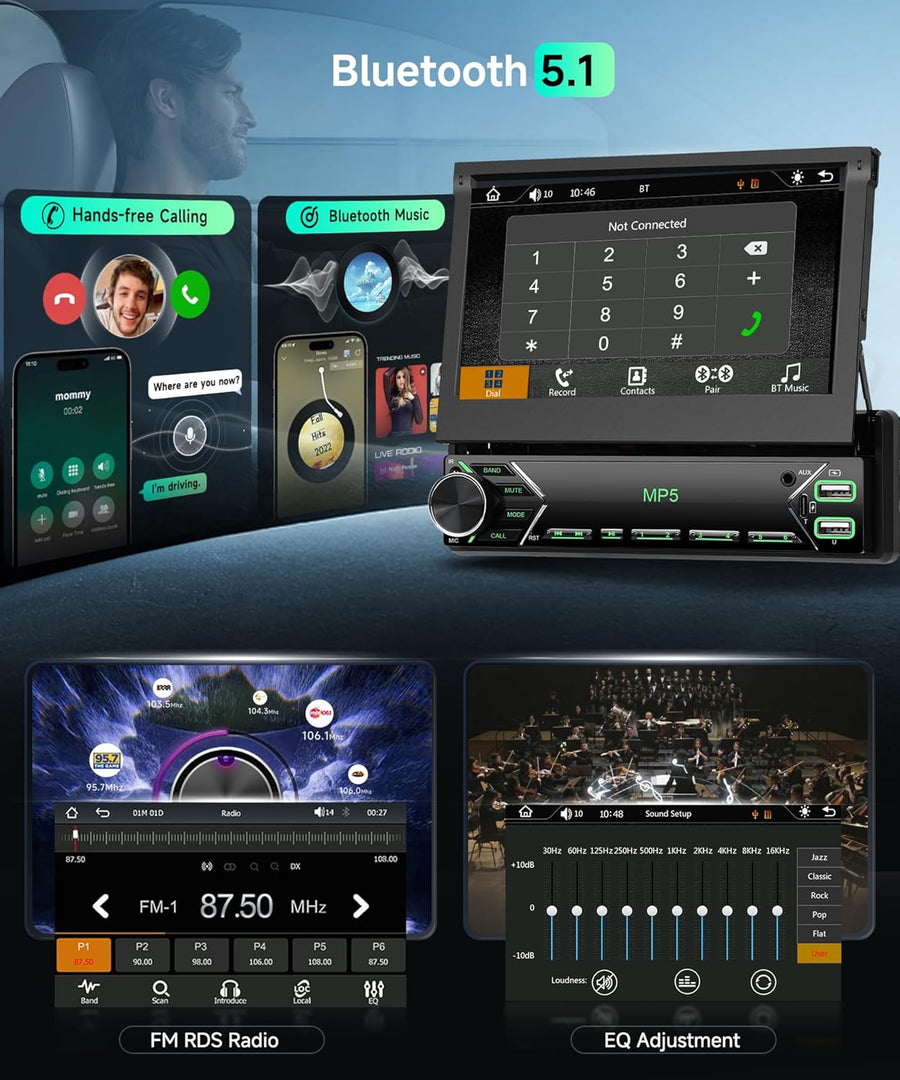 Autoradio Carplay Android Auto sans Fil avec écran rétractable électriquement de 7 Pouces,Radio FM 1 DIN avec Bluetooth, Mirror Link,2 USB/Type-C/SD avec caméra de recul/Commande au Volant