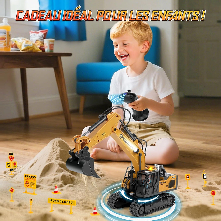Jouet Pelleteuse Enfant avec Télécommande Gravité, Tractopelle Telecommandé avec Lumières et Musique, Jouet Engin de Chantier