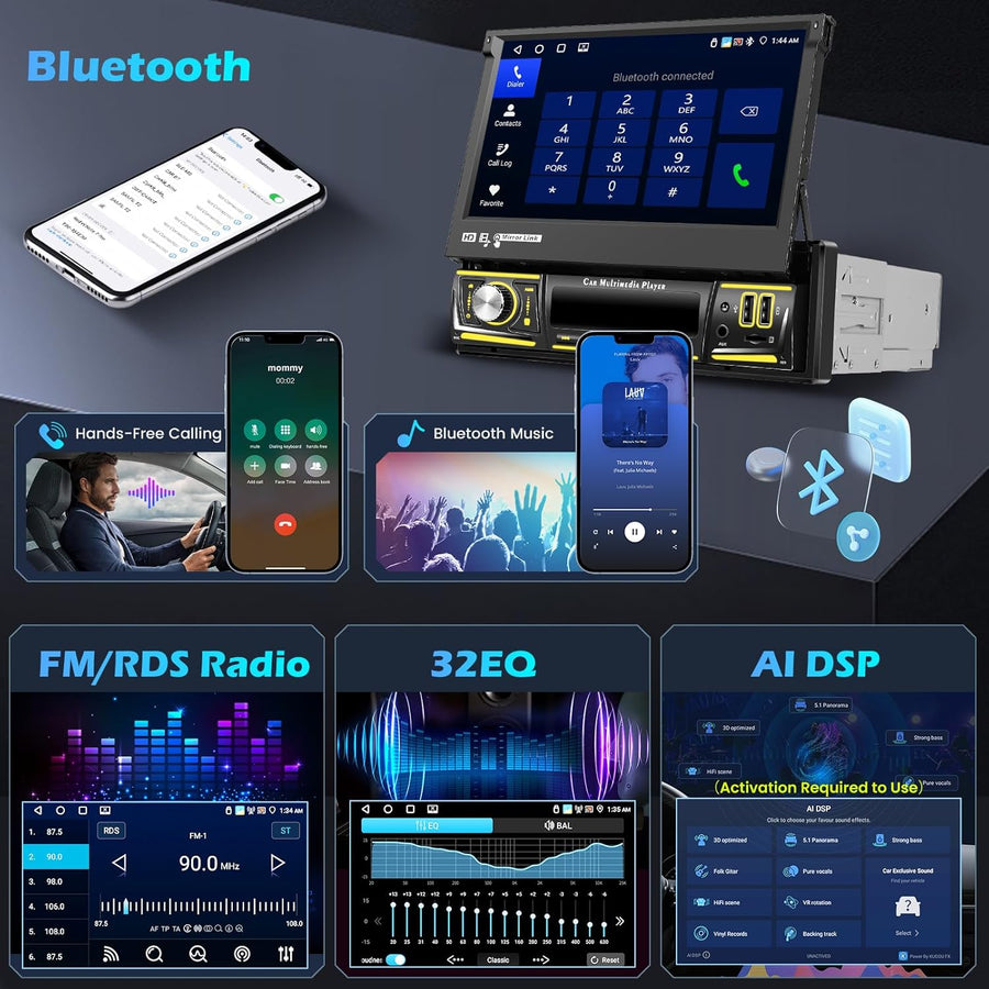 Autoradio 1DIN 4G+64G Android 15 avec écran Rétractable de 7 Pouces, écran Tactile IPS avec CarPlay sans Fil Android Auto GPS WiFi AI DSP FM/RDS Radio USB BT Caméra de Recul + MIC