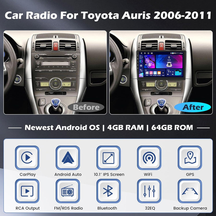 Autoradio Android 15 pour Toyota Auris 2006-2011 4GB + 64GB Autoradio 2 Din Wireless Carplay Android Auto 10 Pouces Écran Tactile avec GPS WiFi FM/RDS 32EQ Caméra de Recul MIC