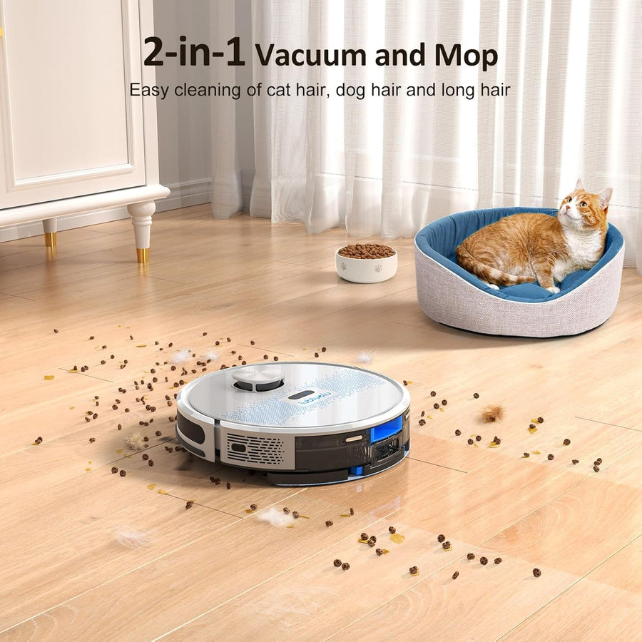 Robot aspirateur et balai à franges Combo 4000 Pa, navigation LiDAR, aspirateur robot laser 2 en 1, 5 cartographies modifiables, 10 zones d'interdiction, WiFi/application GRIS