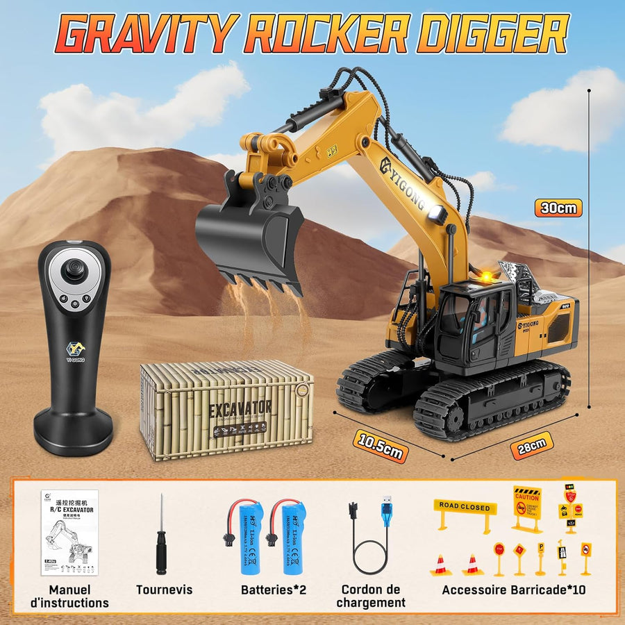 Jouet Pelleteuse Enfant avec Télécommande Gravité, Tractopelle Telecommandé avec Lumières et Musique, Jouet Engin de Chantier