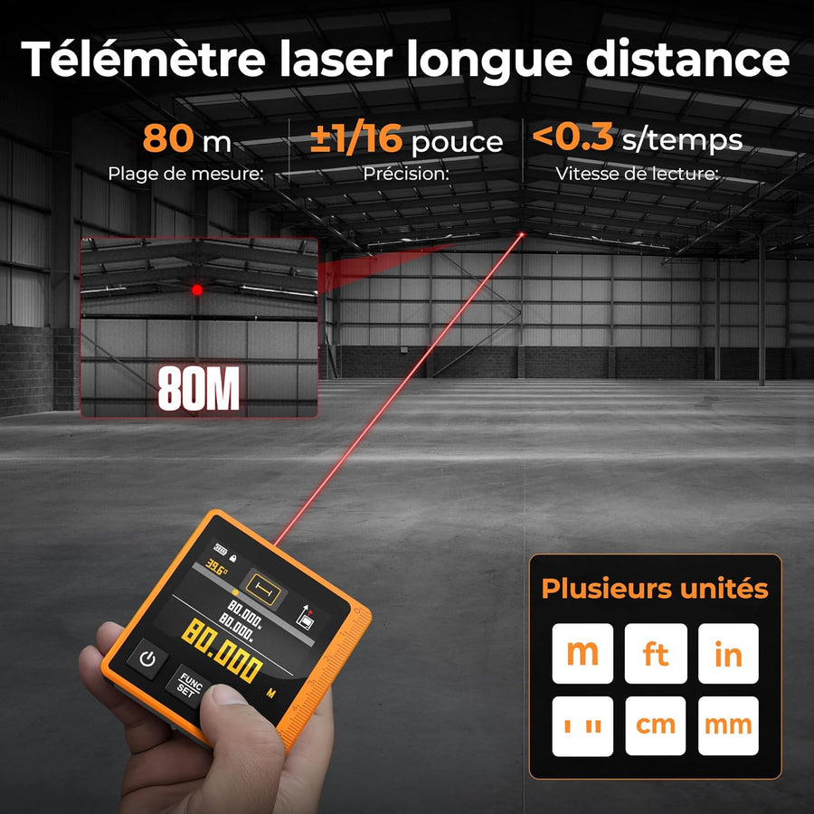 Télémètre Laser 3-en-1 80m, Mètre Ruban Laser Numérique avec Écran LCD Rétroéclairé | Batterie 1000mAh, Inclinomètre, USB Type-C, Mesure Multi-Mode & Unité