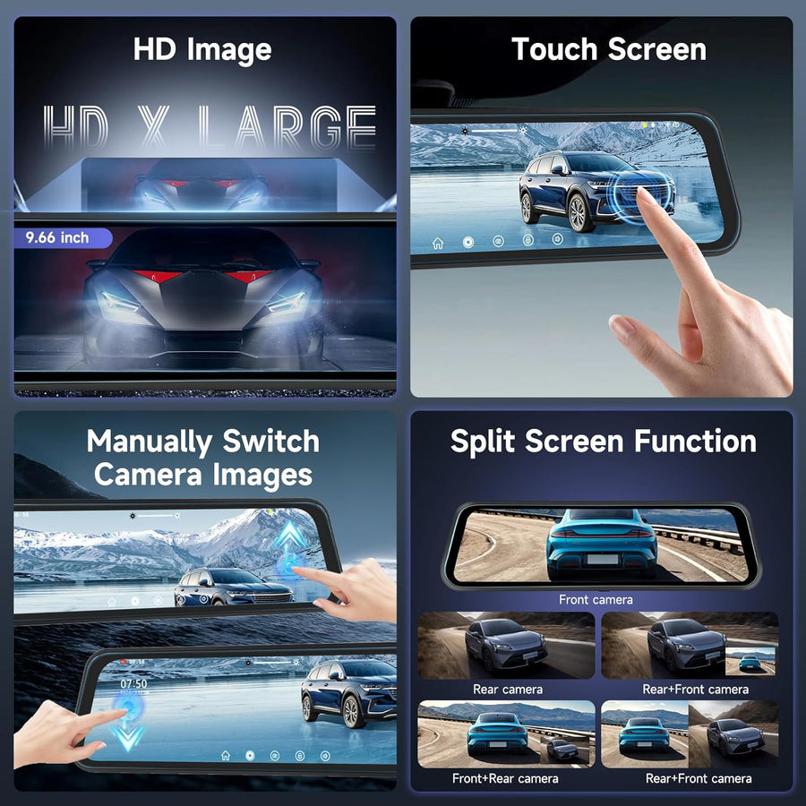 Dashcam Rétroviseur 9.66" 1080P avec 150° Grand Angle, G-Capteur, Enregistrement Boucle, Vision Nocturne, Moniteur Stationnement, Arrière Étanche, avec Carte 64 Go