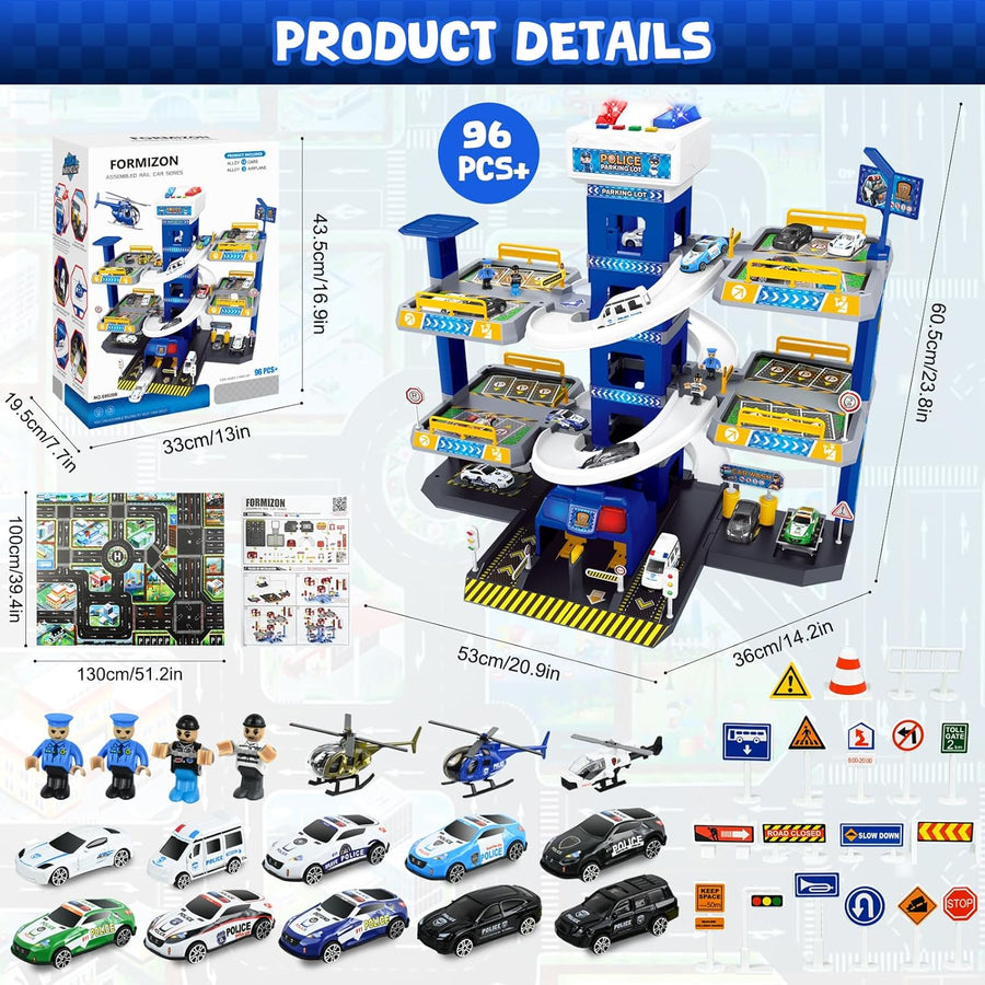 Garage 5 Etages pour Enfants Garage, Ascenseur, Station-Service et Carte, Jouet Garage Voiture avec 8 Voitures et 3 Hélicoptères