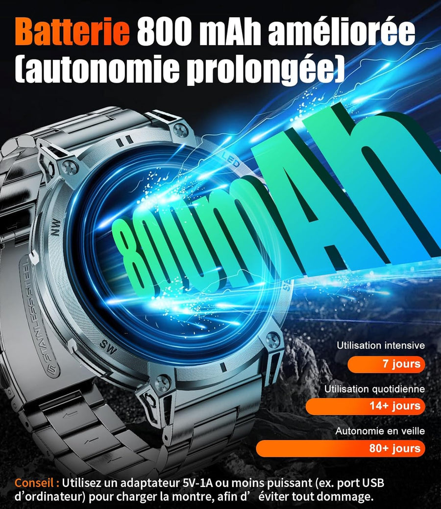 LIGE Montre Connectée Homme avec LED Lampe/1,85'' HD Écran/800mAh, Smartwatch Homme avec Appel Bluetooth,IP68 Étanche 111 Modes Sportifs/Fréquence Cardiaque/SpO2/Suivi du Sommeil Android iOS