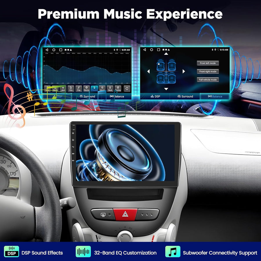 Autoradio Android pour Toyota Aygo/Peugeot 107 / Citroen C1 2005–2014, Écran Tactile 10 Pouces, CarPlay & Android Auto sans Fil, NaviGPS, WiFi, DSP, Compatible Caméra AHD/OBD/Dab
