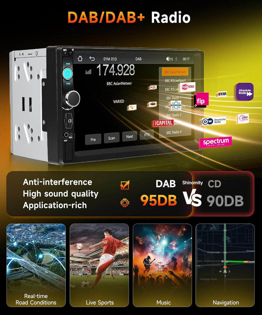 Autoradio CarPlay sans Fil Dab/Dab+ Android Auto, Radio FM 1 Din, écran Tactile IPS 7", égaliseur, USB/TF/AUX, autoradio Bluetooth avec caméra de recul/Commande au Volant