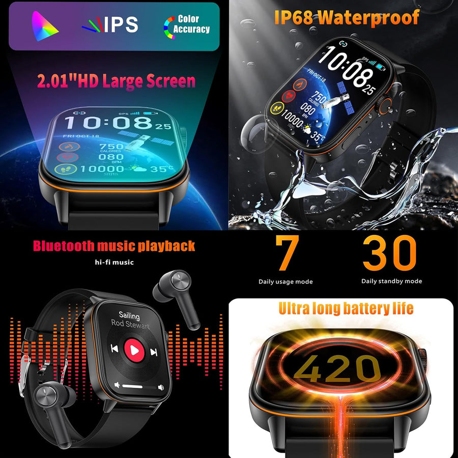 martwatch Hommes 2,01'' HD Montre Fitness avec GPS IP68 Montre Sport étanche 178+ Modes de Sport Moniteur Sommeil fréquence Cardiaque Tracker Fitness pour Android iOS