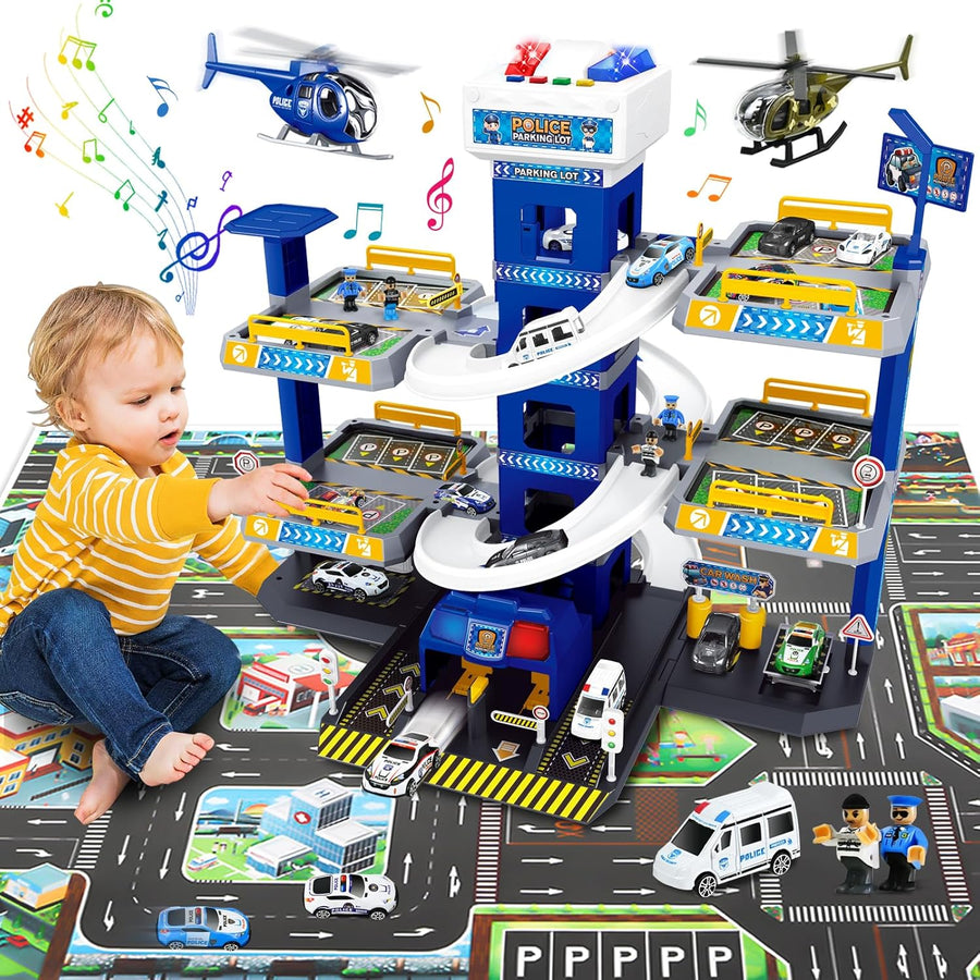 Garage 5 Etages pour Enfants Garage, Ascenseur, Station-Service et Carte, Jouet Garage Voiture avec 8 Voitures et 3 Hélicoptères
