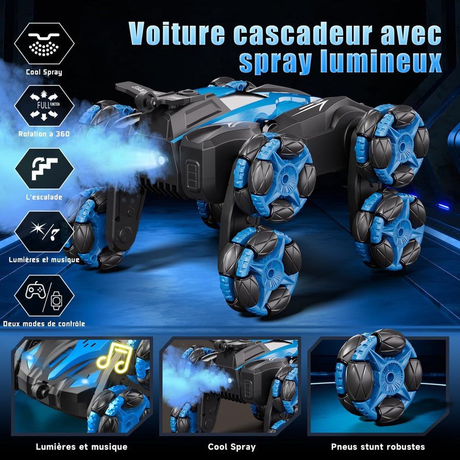 Voiture Télécommandée 1:16-8 Roues Voiture Telecommandé - 2,4 GHz - Cascadeur 360° & Spray LED - avec Télécommande et Contrôle Gestuel