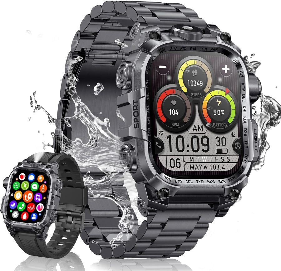 Montre Connectée Homme 2.01'' HD Smartwatch Militaire avec Appels Bluetooth Torche LED 650mAh 150+ Mode Sportifs Surveiller Cardio Podometre Sommeil, Fitness Tracker pour iOS Android