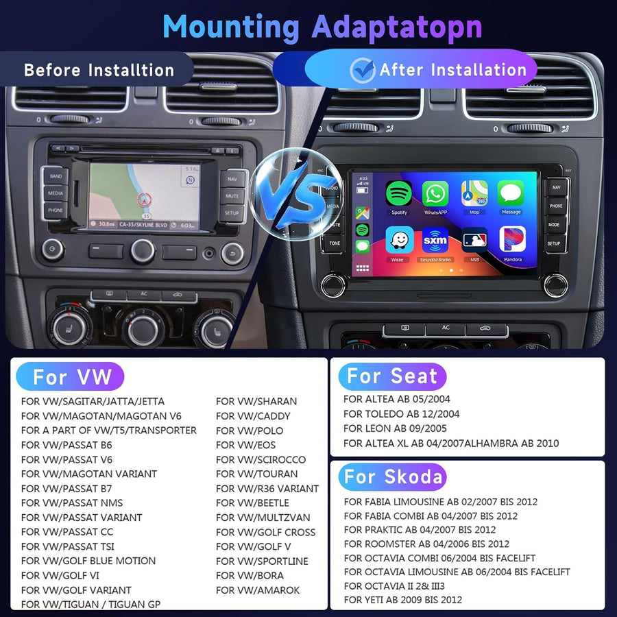 Autoradio 7" Bluetooth pour VW Golf 5 6 Polo Passat Skoda Touran Seat Carplay sans Fil Android Auto, WiFi GPS Navi HiFi RDS/Radio FM 2 DIN avec caméra de recul AHD/DVR/Canbus