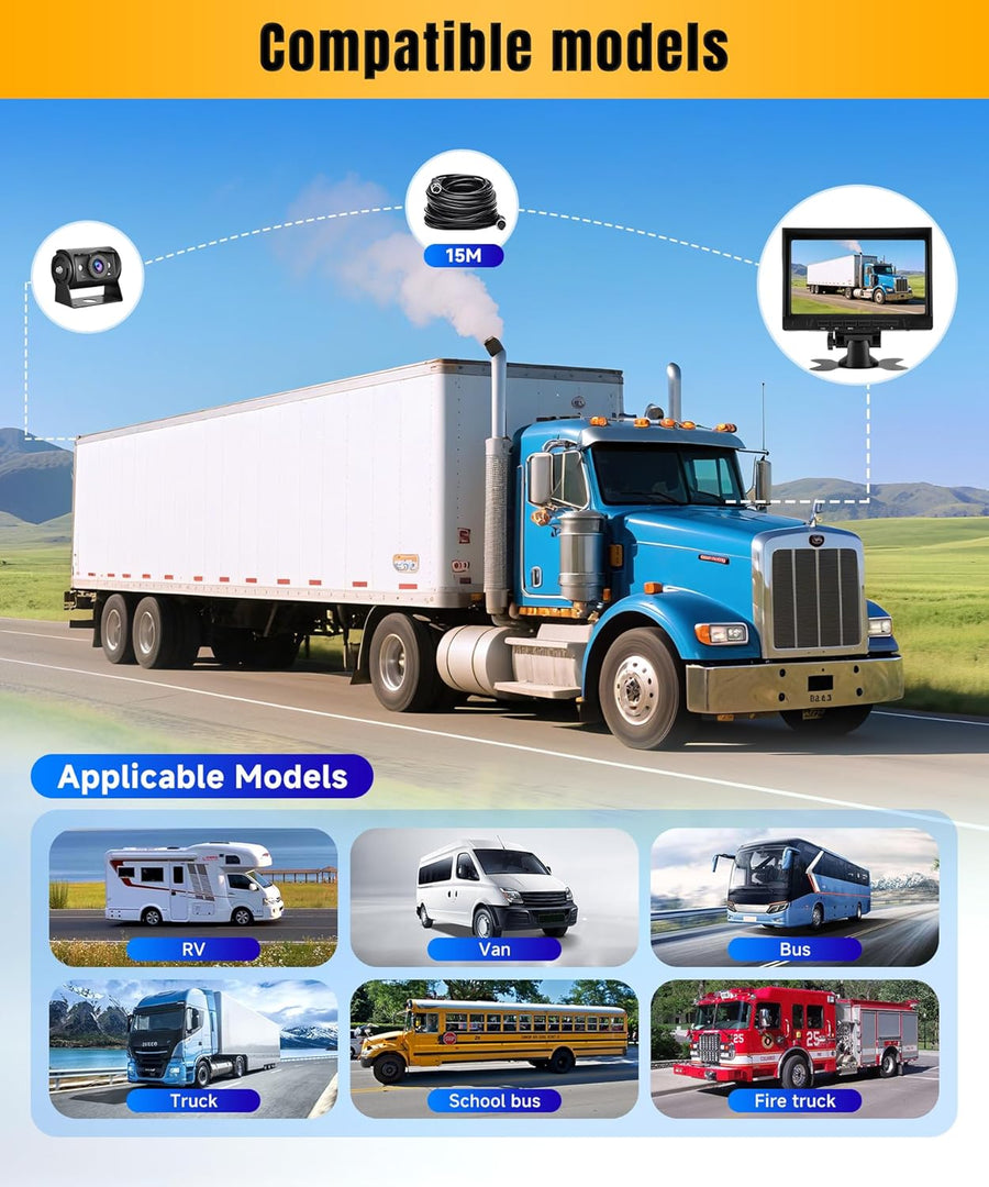 Caméra de recul 1080P avec écran IPS 7 Pouces,kit d'aide au stationnement,1024 x 600,IP69 AHD Vision Nocturne pour SUV, camionnette, Camping-Car, avec Pare-Soleil, câble de 15 m, 12-24 V