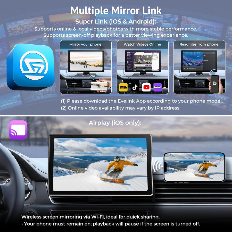 Écran CarPlay Voiture 9" HD IPS sans Fil Tactile Compatible avec Apple CarPlay et Android Auto,SuperLink/AirPlay,Dashcam 4K,Caméra de Recul 1080P,Enregistrement en Boucle,Audio Bluetooth,GPS,Siri