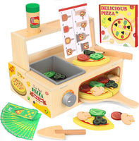 Jouet Dinette Pizza Bois, Aliments Dinette en Bois, Accessoires Cuisine Enfants avec Four de Cuisson et Tabliers, Jouet Éducatif Montessori