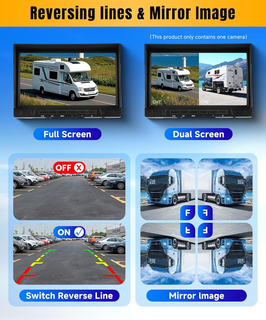 Caméra de recul 1080P avec écran IPS 7 Pouces,kit d'aide au stationnement,1024 x 600,IP69 AHD Vision Nocturne pour SUV, camionnette, Camping-Car, avec Pare-Soleil, câble de 15 m, 12-24 V
