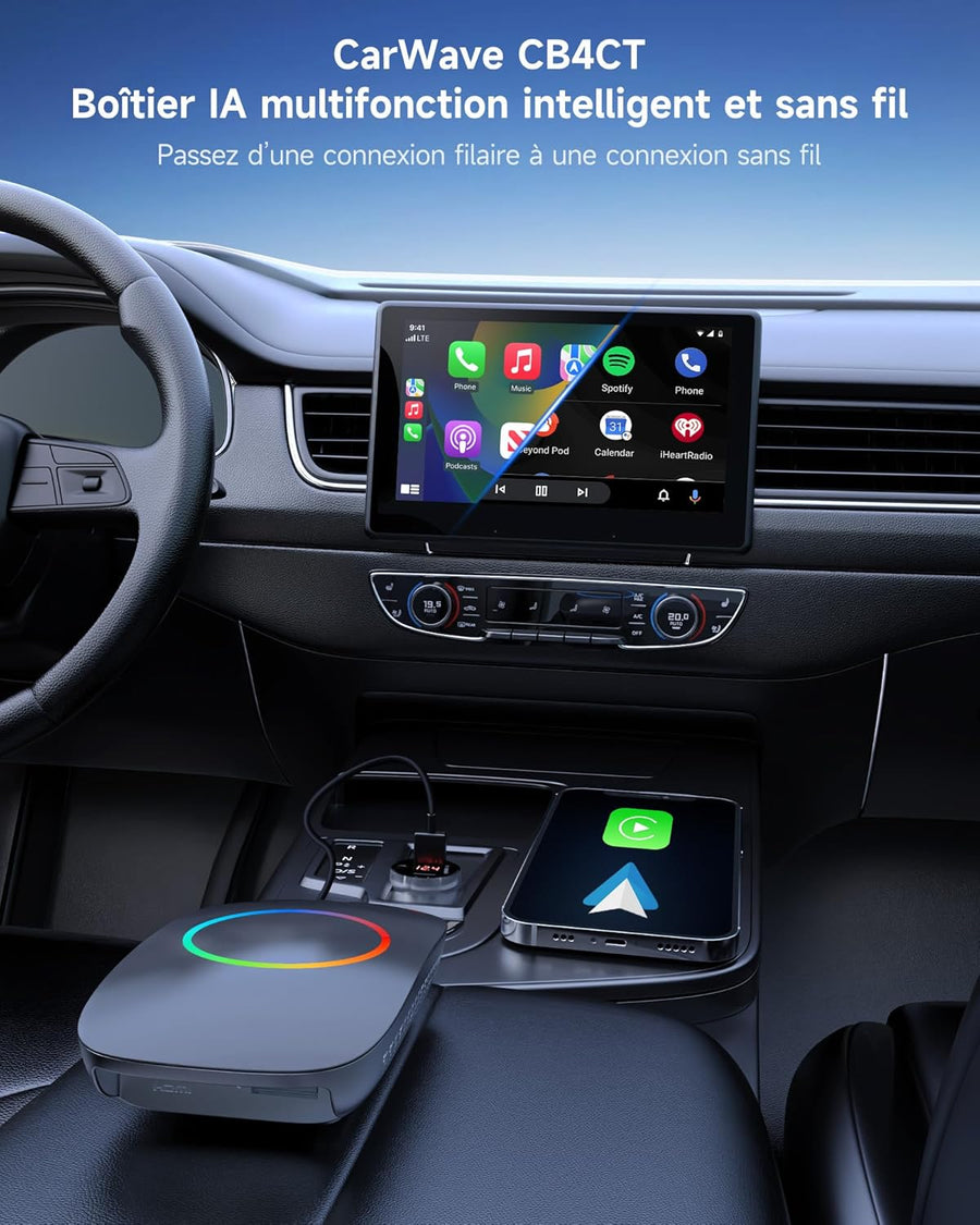 Boîtier CarPlay IA – CarPlay/Android Auto sans Fil, boîtier Voiture Streaming, Wi-FI/Bluetooth Doubles, Sortie HDMI, Lecture Via USB, Assistant IA, prêt à l'emploi, OTA, avec OBD II