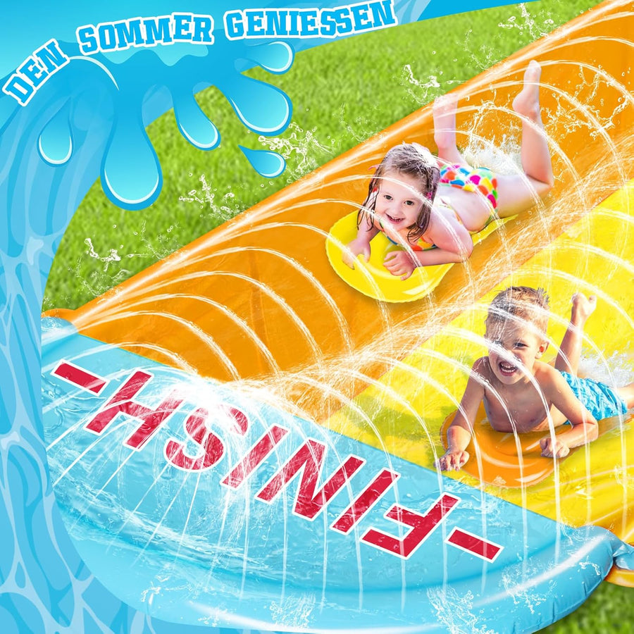 Toboggan 1.55m x 9.5m pour Pelouse Double Toboggan à Eau avec 2 Planches Gonflables Jeux d'eau en Extérieur