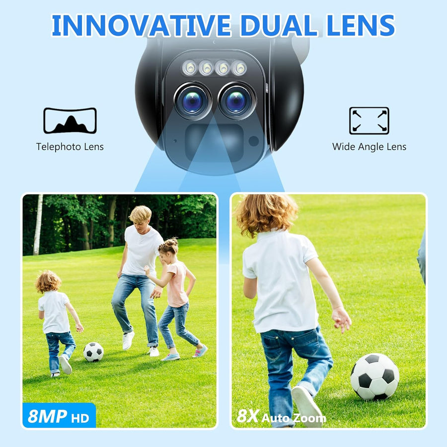 Caméra Surveillance Solaire 6MP WiFi Extérieure Double Objectif 360° PTZ Caméra IP, Détection Humaine avec Panneau Solaire, Vision Nocturne Couleur, Suivi Automatique, Audio Bidirectionnel,IP66