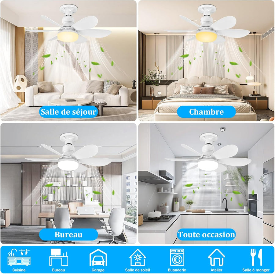 Ventilateur de Plafond avec Lumière et Telecommande, 40W Dimmable LED Douille E27, Lustre Ventilateur de Plafond, 6 Pales,3 Vitesses,Timing