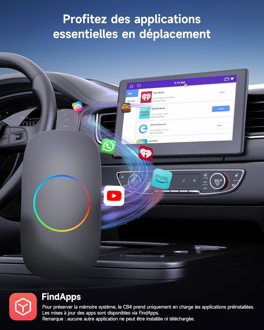 Boîtier CarPlay IA – CarPlay/Android Auto sans Fil, boîtier Voiture Streaming, Wi-FI/Bluetooth Doubles, Sortie HDMI, Lecture Via USB, Assistant IA, prêt à l'emploi, OTA, avec OBD II