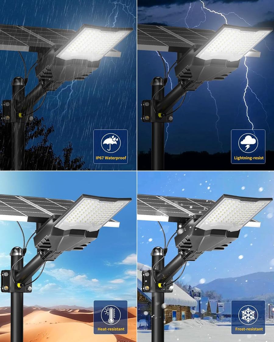 Lampadaire Solaire Exterieur, lumière solaire extérieure Crépuscule à l'Aube IP68 éclairage 6500K inondé LED étanche Projecteur Solaire Puissant pour Rue, Garage, Parking
