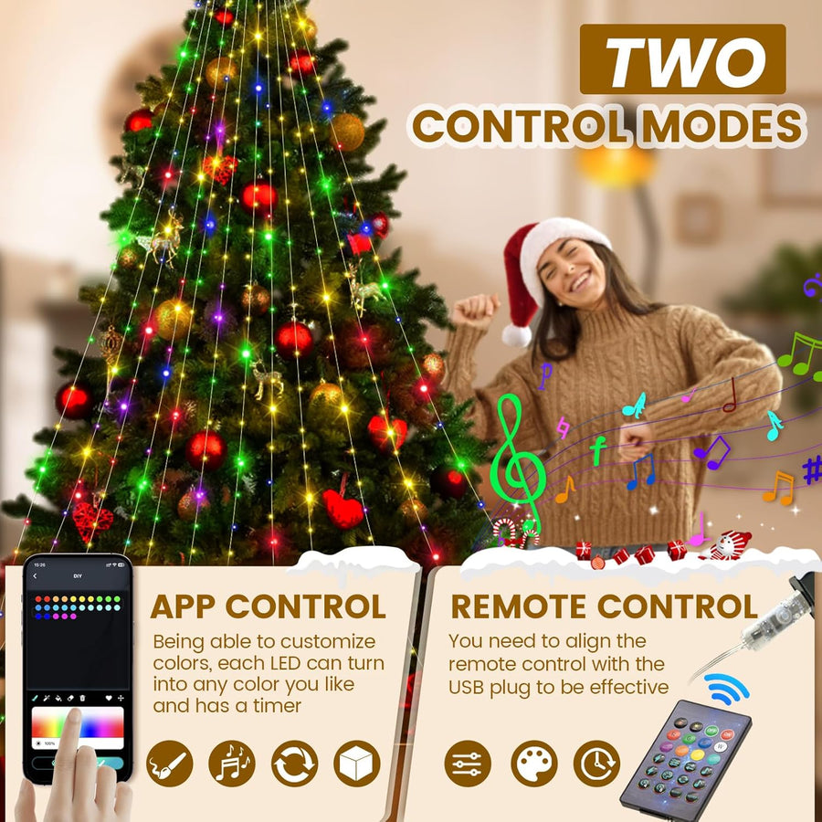 Guirlande Lumineuse Sapin de Noel, 200 LED Guirlande Lumineuse de NoëL Anneau avec Application, 2M*10 Rideau Lumineux Sapin de Noel pour Décoration de 1.5m-2.5m Sapin de Noël