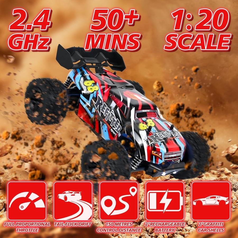 Monster Truck Voiture Télécommandée 1:20, 2,4 GHz 2WD Voiture Ttélécommandée Tout Terrain avec Éclairage de Carrosserie/Double Coque, High Speed Buggy RC Jouet