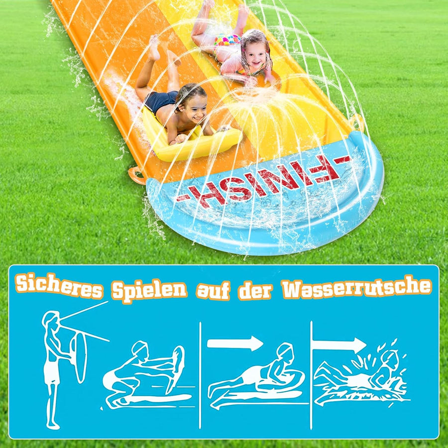 Toboggan 1.55m x 9.5m pour Pelouse Double Toboggan à Eau avec 2 Planches Gonflables Jeux d'eau en Extérieur