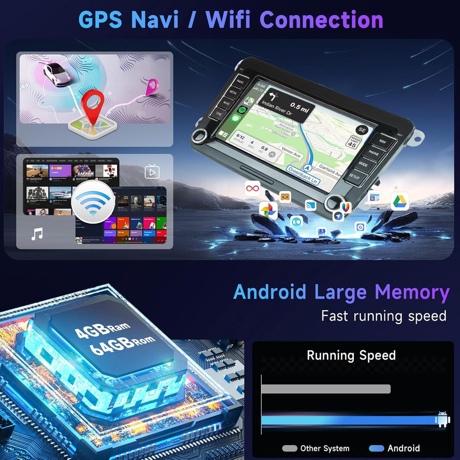 Autoradio 7" Bluetooth pour VW Golf 5 6 Polo Passat Skoda Touran Seat Carplay sans Fil Android Auto, WiFi GPS Navi HiFi RDS/Radio FM 2 DIN avec caméra de recul AHD/DVR/Canbus