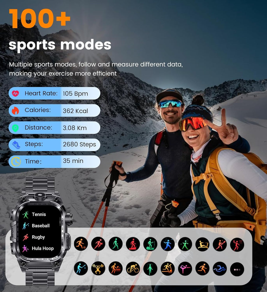 Montre Connectée Homme 2.01'' HD Smartwatch Militaire avec Appels Bluetooth Torche LED 650mAh 150+ Mode Sportifs Surveiller Cardio Podometre Sommeil, Fitness Tracker pour iOS Android