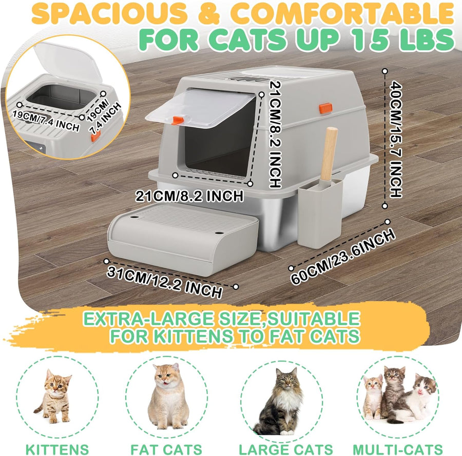 Bac à Litière pour Chat en Acier Inoxydable,Bac à Litière Fermé pour Chat avec Pelle et Pédale,Litière Haute en avec Couvercle,Caisse Litiere pour Chats avec Double Entrée Plateau Amovible