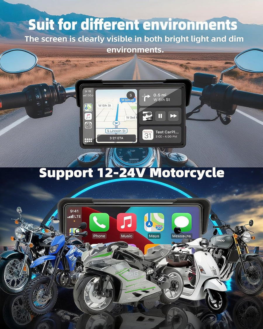 CarPlay Moto Portable 7" Android Auto Moto,GPS Moto IP67 Étanche Tactile Écran,Double Bluetooth Siri/Google/Navigation