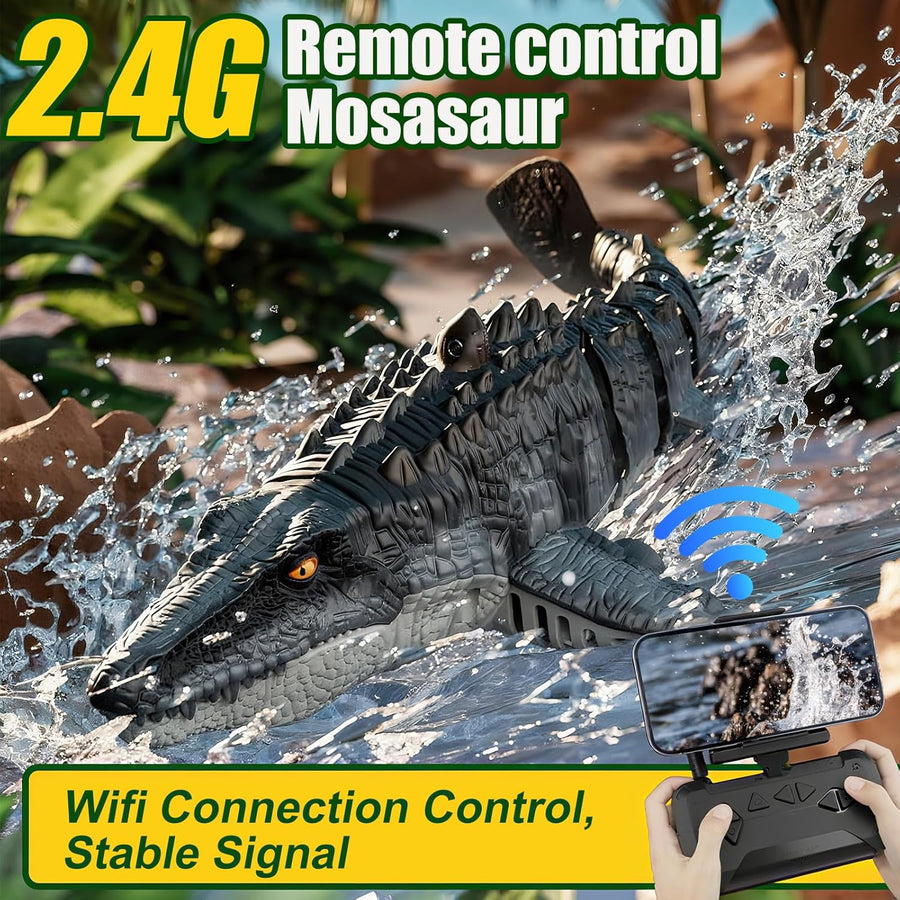 Mosasaure Télécommandé Jouet avec Caméra, lumière LED et Fonction de Pulvérisation d'eau, Application, Jeux d'eau Rechargeable