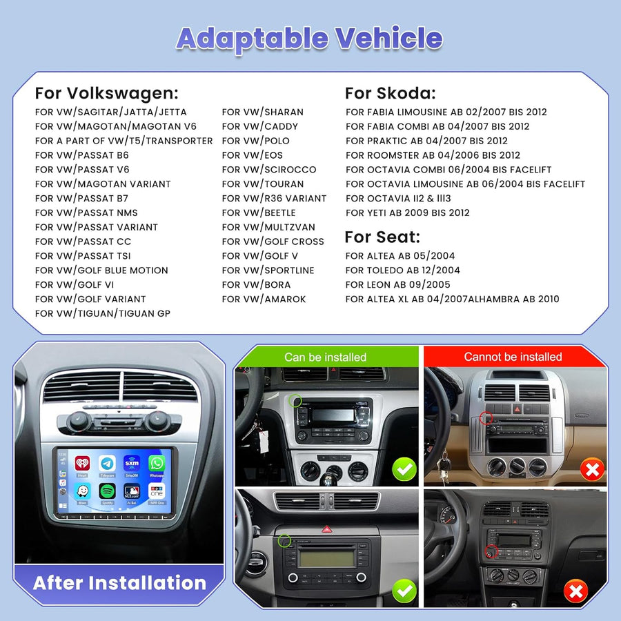 Autoradio 8-Core/4G+64G/DSP Android 15 pour VW Golf 5 Golf 6 Passat Tiguan Polo T5 Transporter Seat Leon avec sans Fil CarPlay Android Auto, 9" écran Tactile avec BT GPS WiFi RDS FM USB+CAM