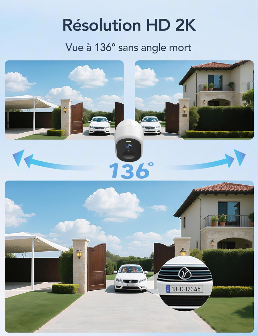 Caméra de sécurité solaire sans fil 2K, système de caméra de vidéosurveillance à batterie rechargeable, caméra de sécurité extérieure WiFi, vision nocturne en couleur, détection de mouvement PIR