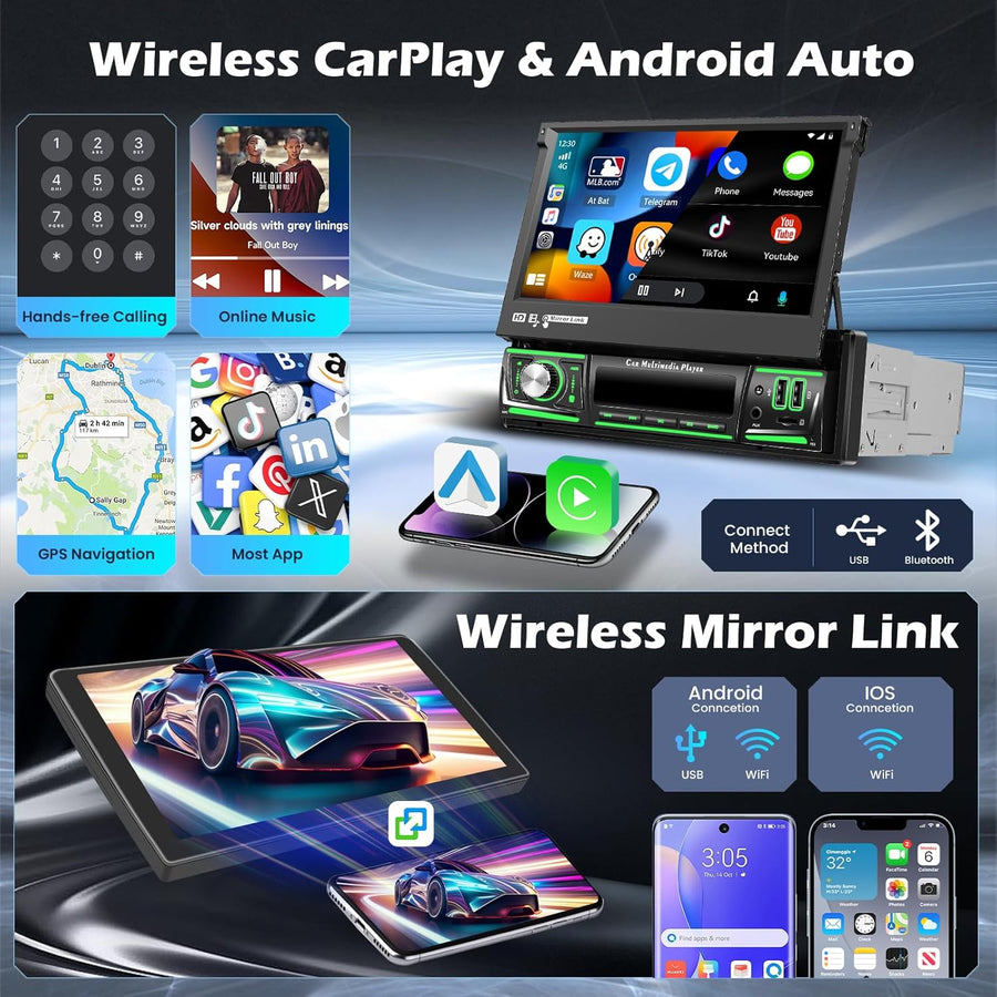 Autoradio 1DIN 4G+64G Android 15 avec écran Rétractable de 7 Pouces, écran Tactile IPS avec CarPlay sans Fil Android Auto GPS WiFi AI DSP FM/RDS Radio USB BT Caméra de Recul + MIC