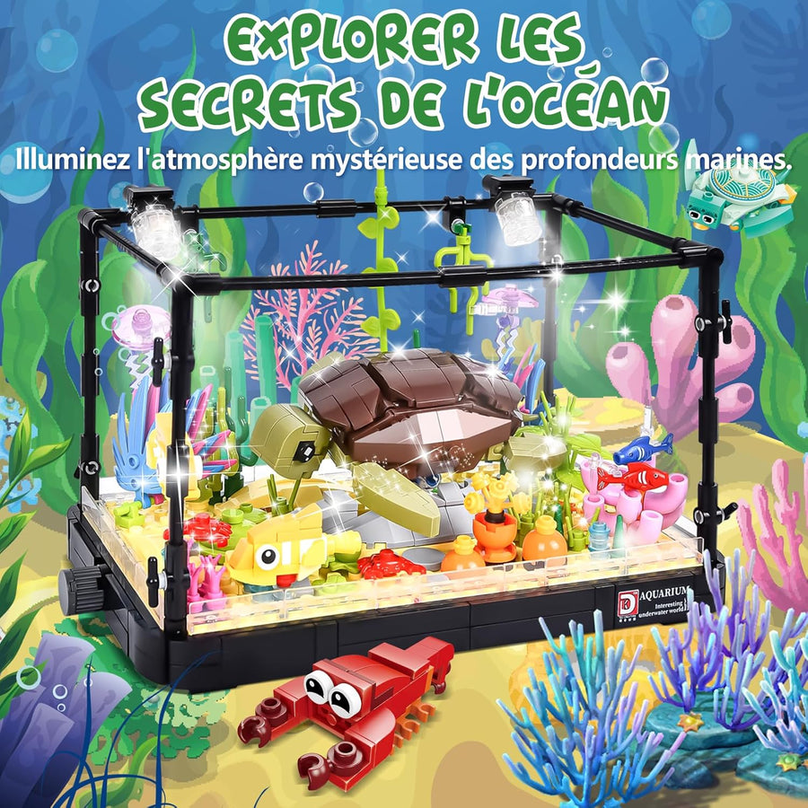 Jouet Enfant Blocs Construction Aquarium avec Lumière LED Compris Les Tortue en Mouvement