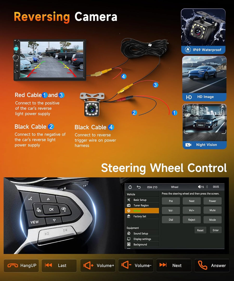 Autoradio CarPlay sans Fil Dab/Dab+ Android Auto, Radio FM 1 Din, écran Tactile IPS 7", égaliseur, USB/TF/AUX, autoradio Bluetooth avec caméra de recul/Commande au Volant