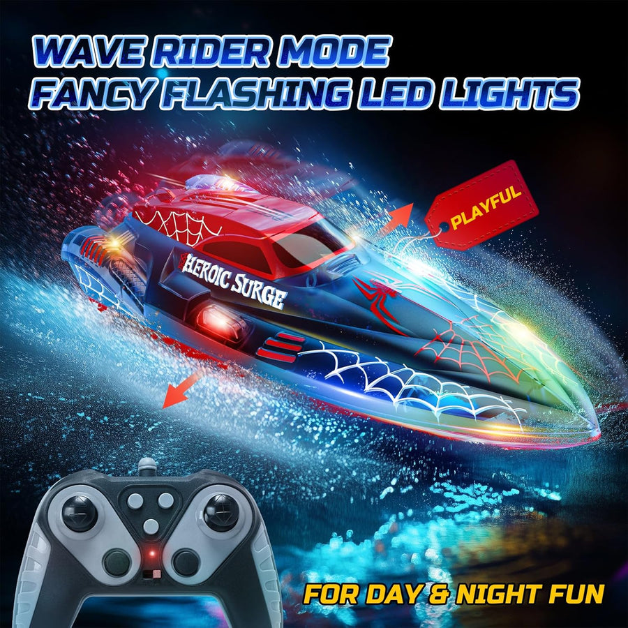 Bateau Télécommandé, RC Bateau Telecommandé Enfant 2,4 GHz avec Lumières LED, Alarme de Batterie Faible, Piscines et Lacs Jouet Aquatique d'été