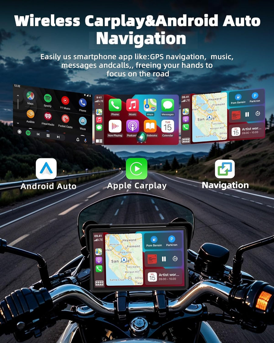 CarPlay Moto Portable 7" Android Auto Moto,GPS Moto IP67 Étanche Tactile Écran,Double Bluetooth Siri/Google/Navigation