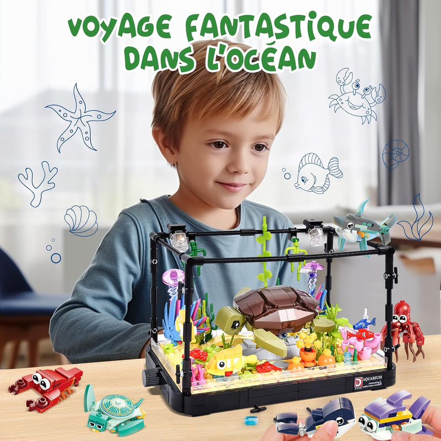Jouet Enfant Blocs Construction Aquarium avec Lumière LED Compris Les Tortue en Mouvement