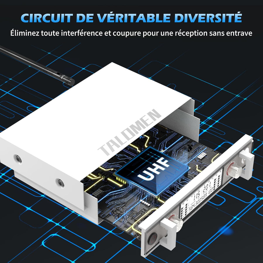 Kit Micro sans Fil UHF Modèle K120 avec 2 Micro Dynamiques en Métal Auto Scan Portée 120m Récepteur Double Canal Idéal pour Chant, Karaoke, Fête BLANC