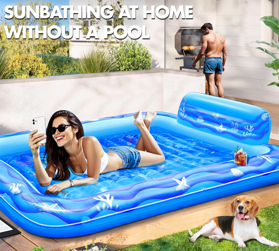 Matelas Gonflable Piscine Bouee Piscine Adulte avec Monde Marin 2 Porte-Gobelets & Dossier, 205x150CM BLEU