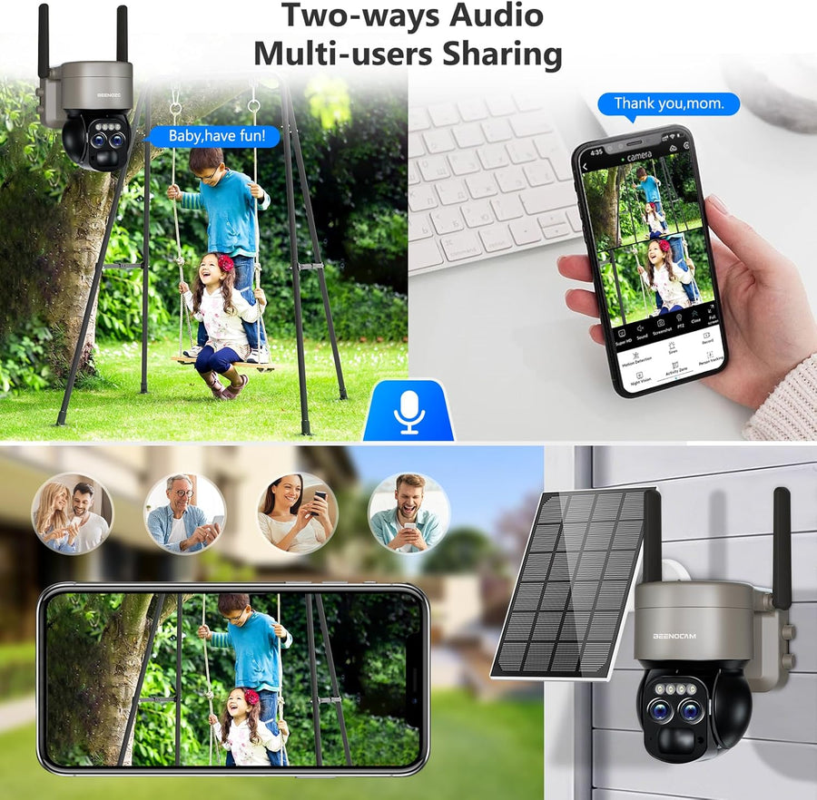 Caméra Surveillance Solaire 6MP WiFi Extérieure Double Objectif 360° PTZ Caméra IP, Détection Humaine avec Panneau Solaire, Vision Nocturne Couleur, Suivi Automatique, Audio Bidirectionnel,IP66