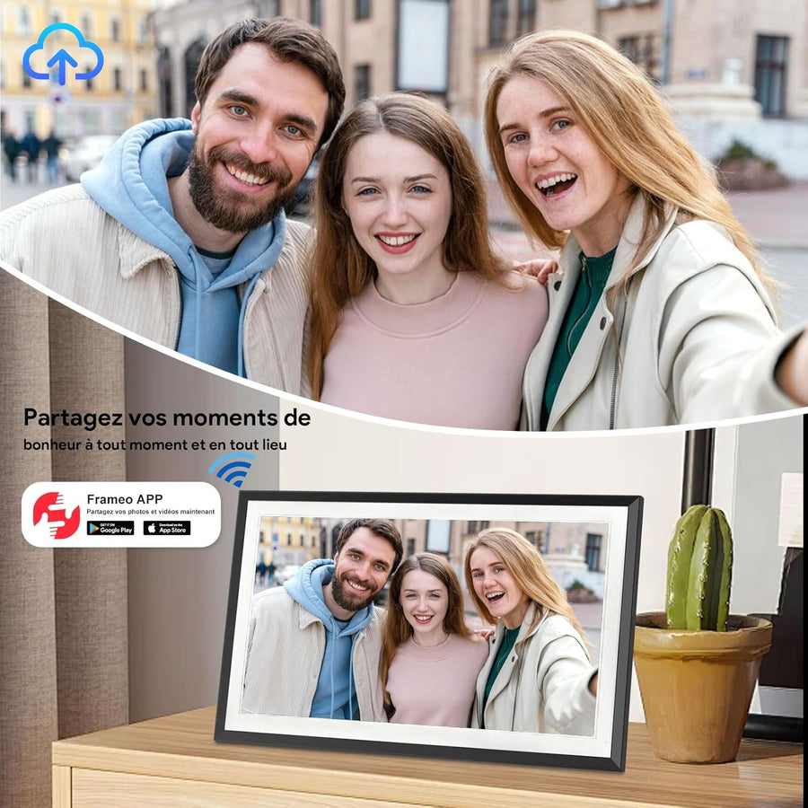 Cadre photo numérique WiFi de 15,6 pouces, cadre photo numérique intelligent, grande capacité de 32 Go, écran tactile HD IPS, rotation automatique, partagez des photos/vidéos instantanément