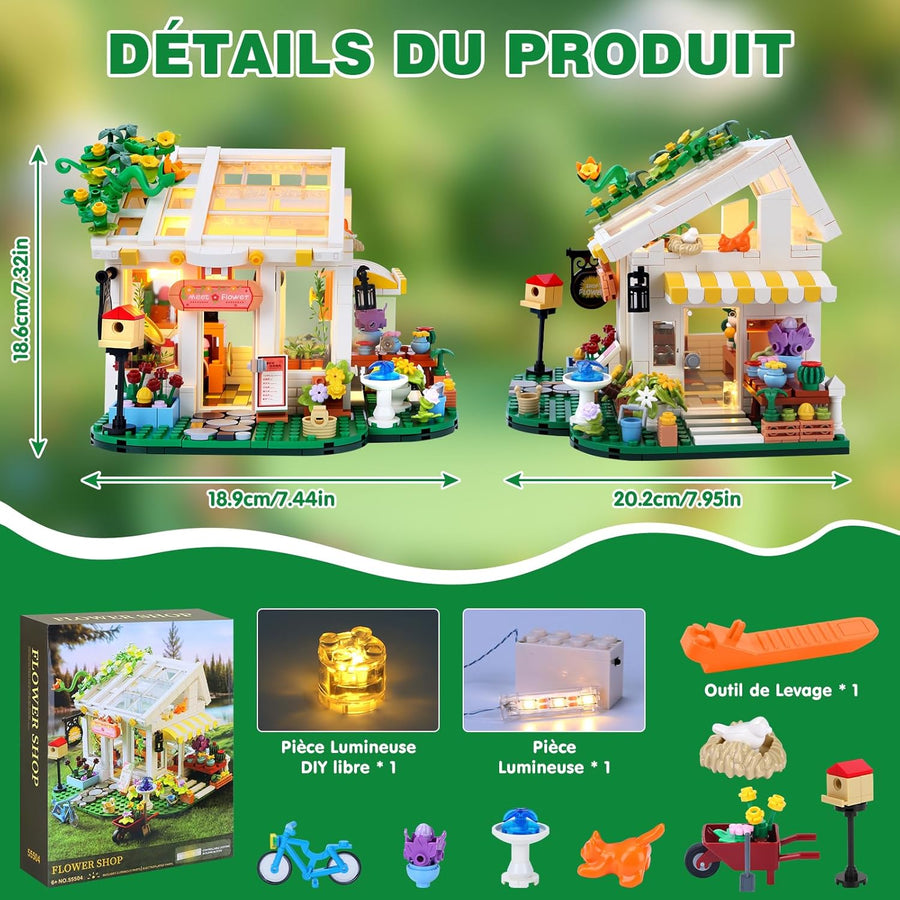 Jeux Ensemble Construction Maison Fleurs avec lumière LED, 776 Pièces Jouet Construction Maison avec Fleurs Plantes Chat, Jouets de Construction