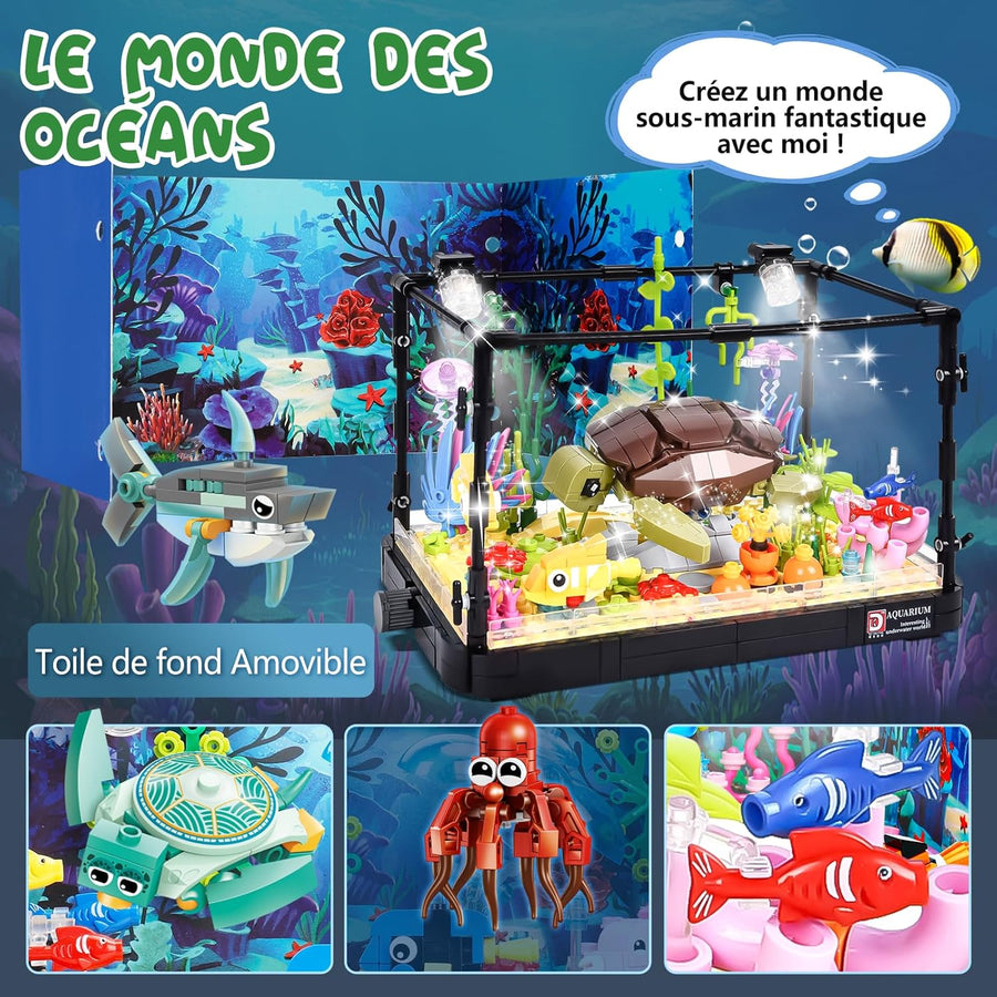 Jouet Enfant Blocs Construction Aquarium avec Lumière LED Compris Les Tortue en Mouvement